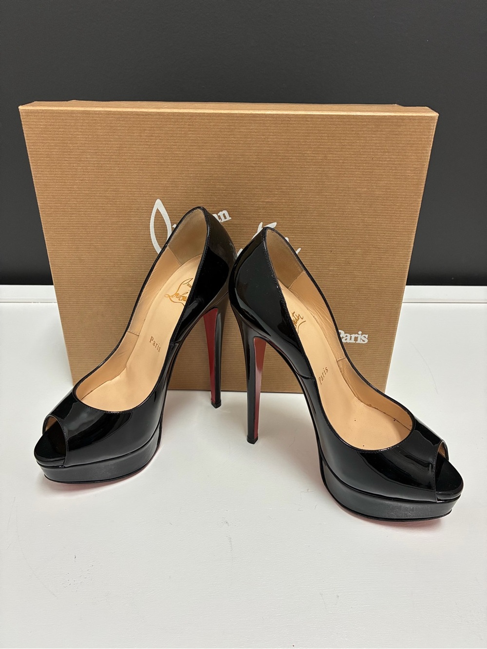 Christian Louboutin Black Patent Peep-Toe Stiletto Pumps with Red Sole